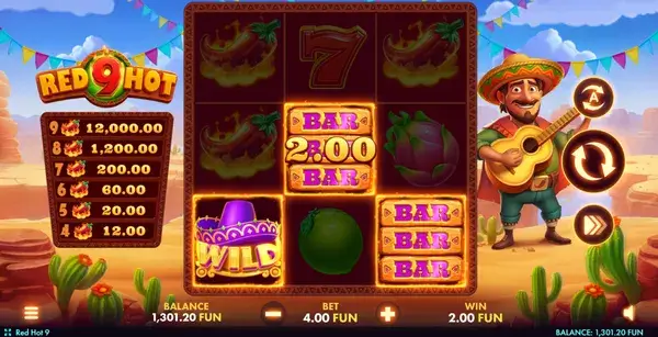 Red Hot Slot main game screen showing reels with peppers, sevens and fruit symbols