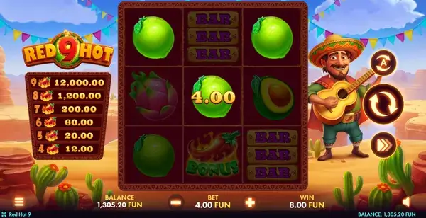 Red Hot Slot during active spin showing fruit symbols and peppers